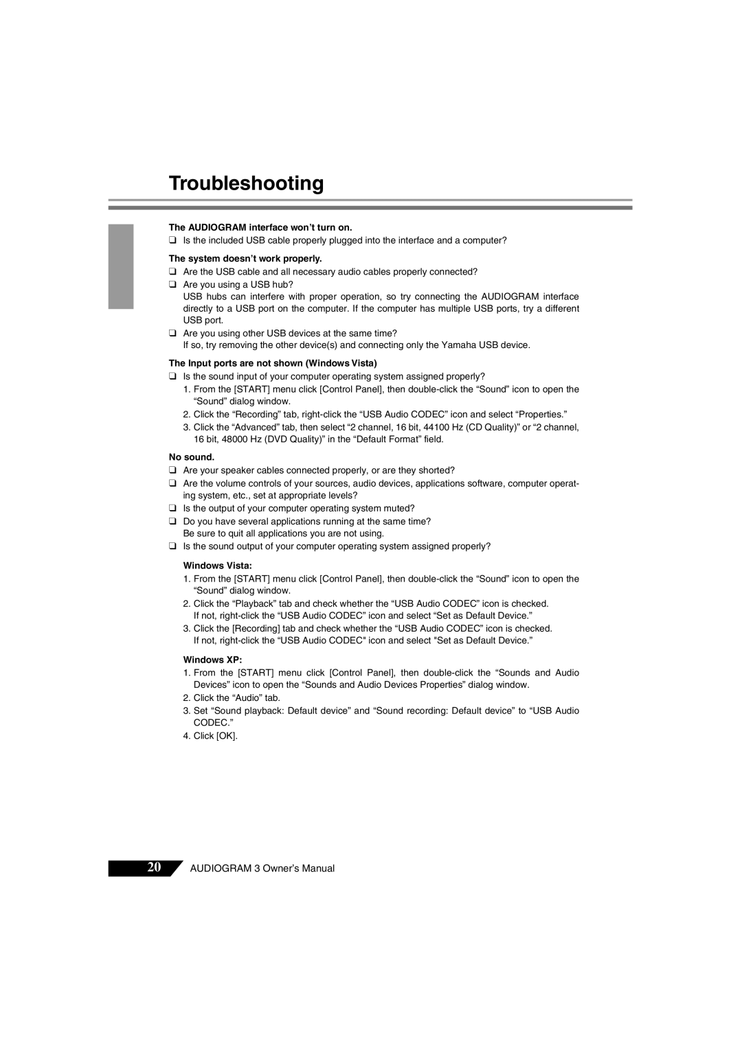 Yamaha Audiogram 3 owner manual Troubleshooting 