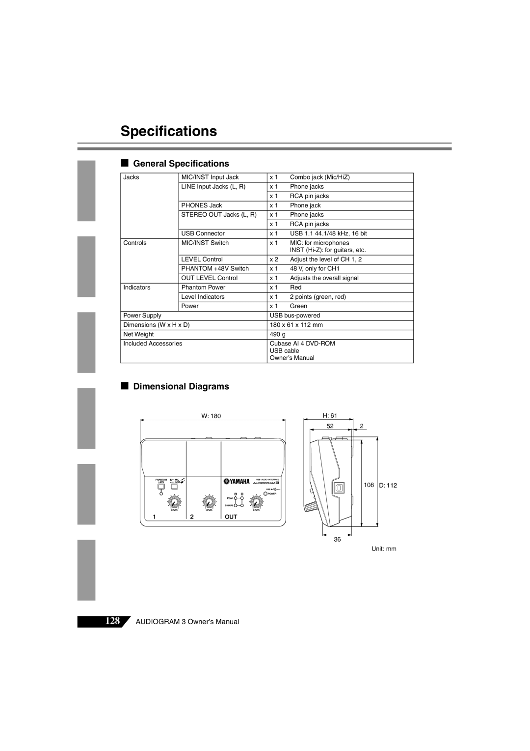 Yamaha Audiogram 3 owner manual General Speciﬁcations, Dimensional Diagrams 