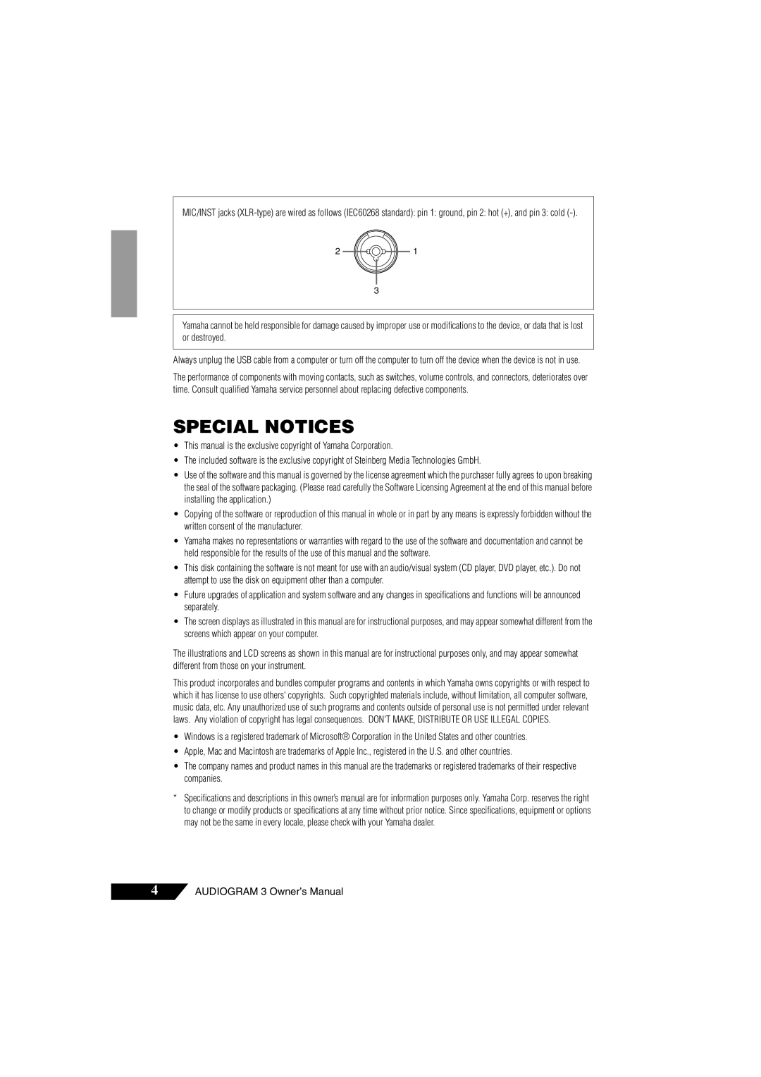 Yamaha Audiogram 3 owner manual Special Notices 