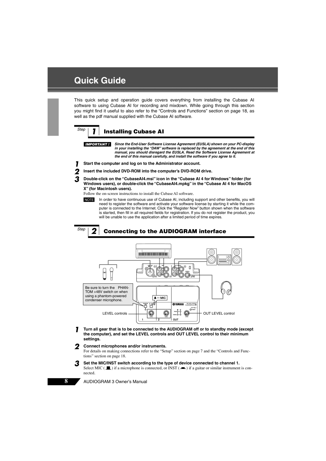 Yamaha Audiogram 3 owner manual Installing Cubase AI, Connecting to the AUDIOGRAM interface, Quick Guide 