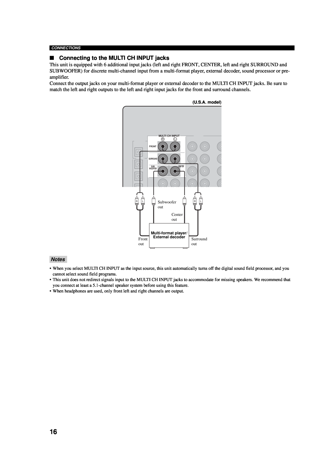 Yamaha AV Receiver owner manual Connecting to the MULTI CH INPUT jacks, Notes 