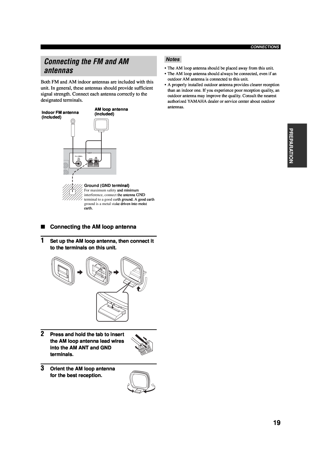 Yamaha AV Receiver owner manual Connecting the FM and AM antennas, Connecting the AM loop antenna, Notes 