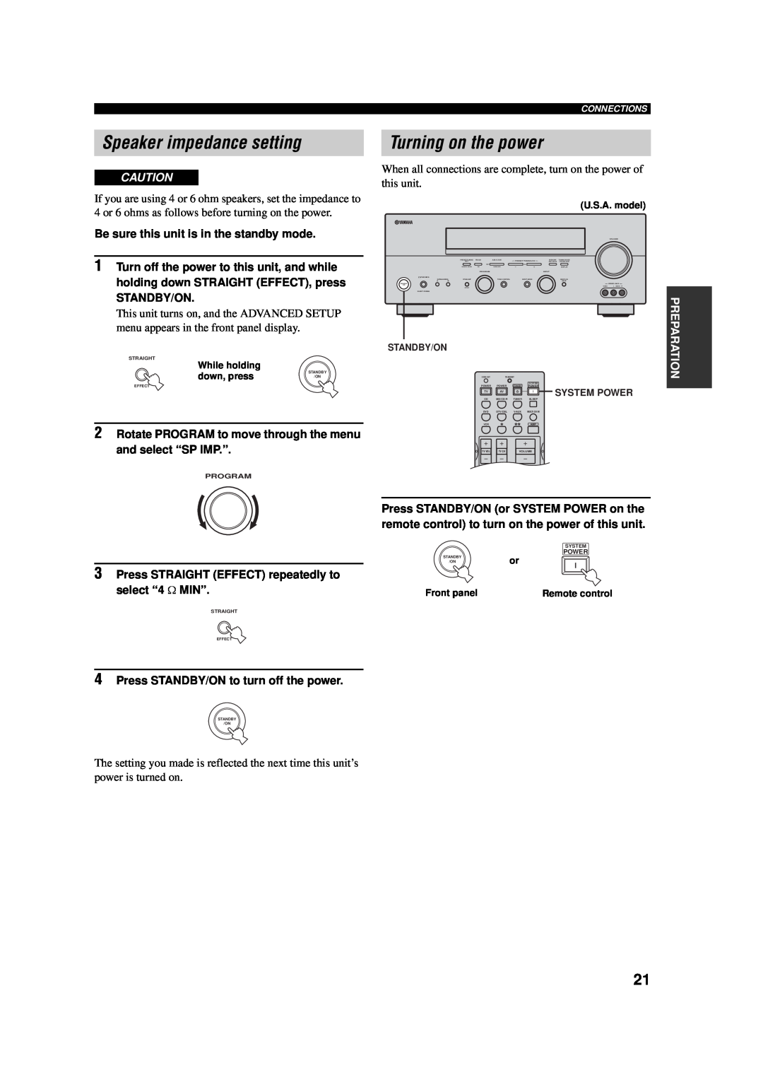 Yamaha AV Receiver Speaker impedance setting, Turning on the power, Be sure this unit is in the standby mode, Standby/On 