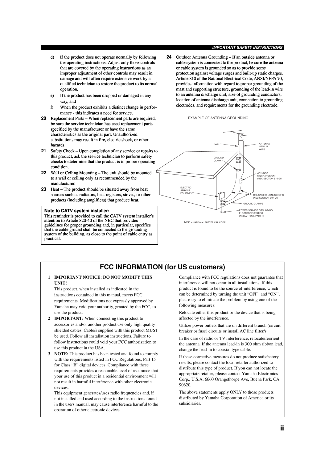 Yamaha AV Receiver owner manual FCC INFORMATION for US customers, Note to CATV system installer 