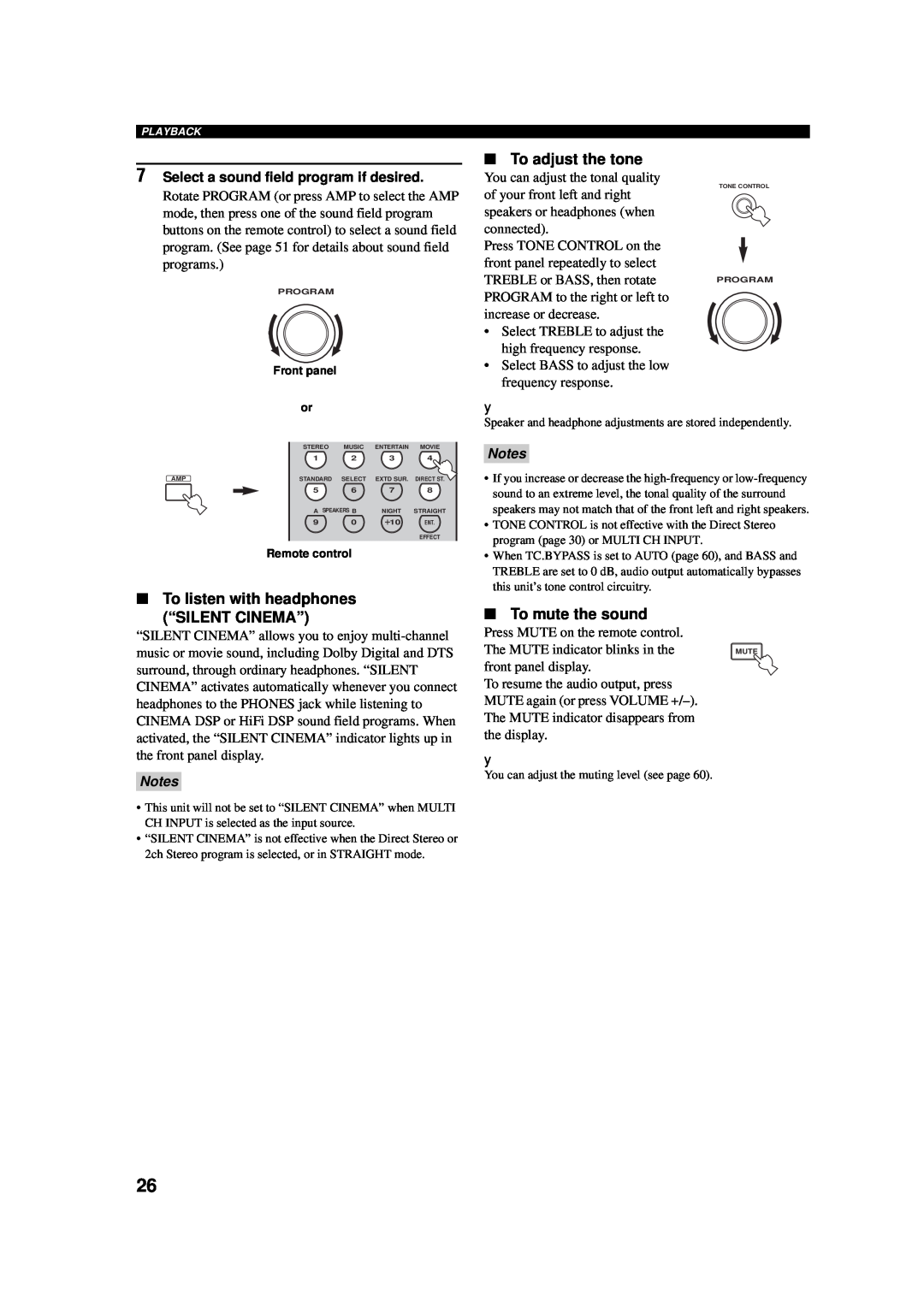 Yamaha AV Receiver owner manual To listen with headphones “SILENT CINEMA”, To adjust the tone, To mute the sound, Notes 