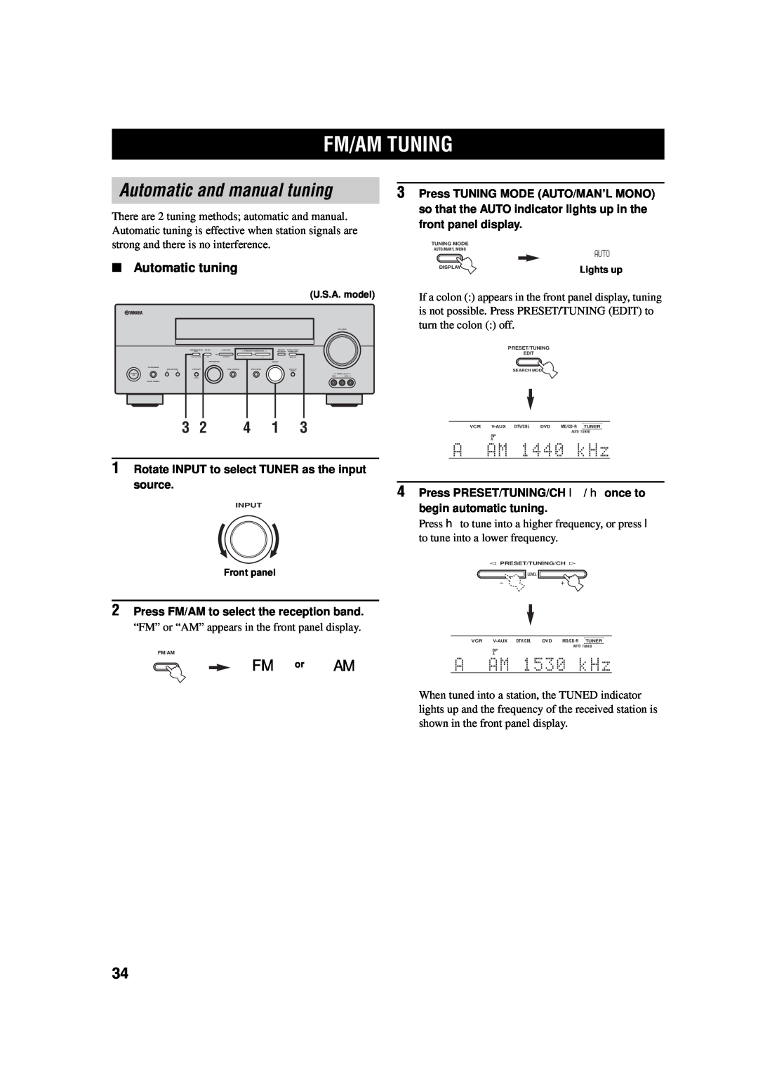 Yamaha AV Receiver owner manual Fm/Am Tuning, Automatic and manual tuning, 3 2 4 1, FM or AM, Automatic tuning 