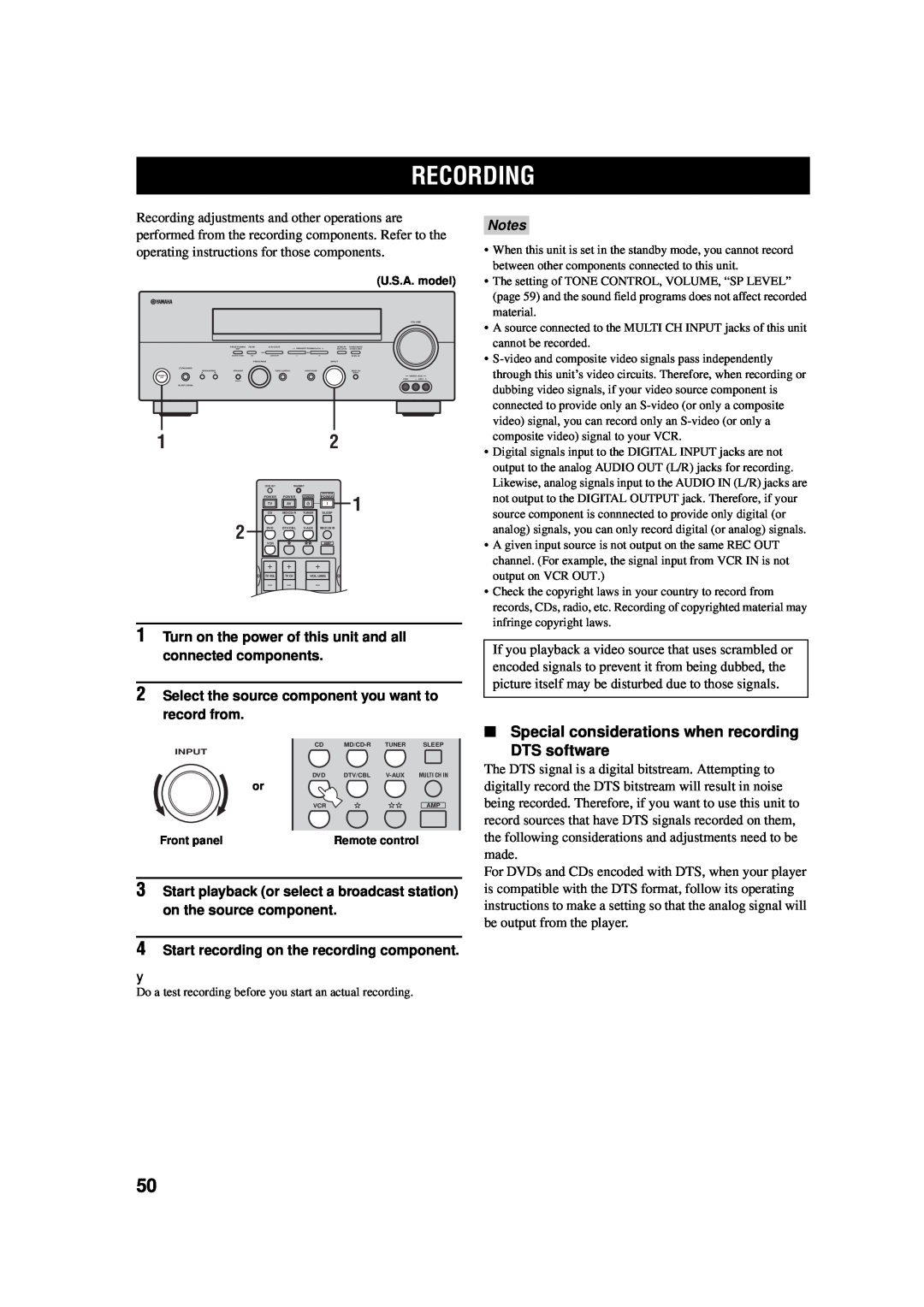 Yamaha AV Receiver owner manual Recording, Special considerations when recording, DTS software, Notes 