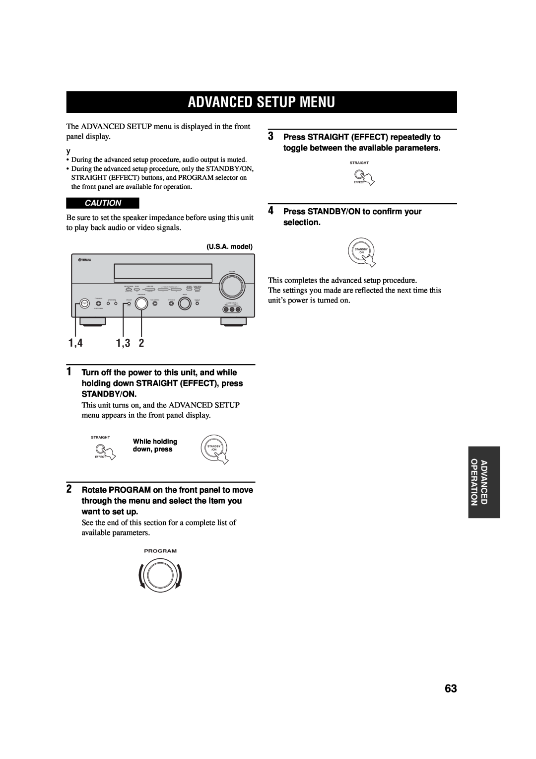 Yamaha AV Receiver owner manual Advanced Setup Menu, 4Press STANDBY/ON to confirm your selection, Standby/On 