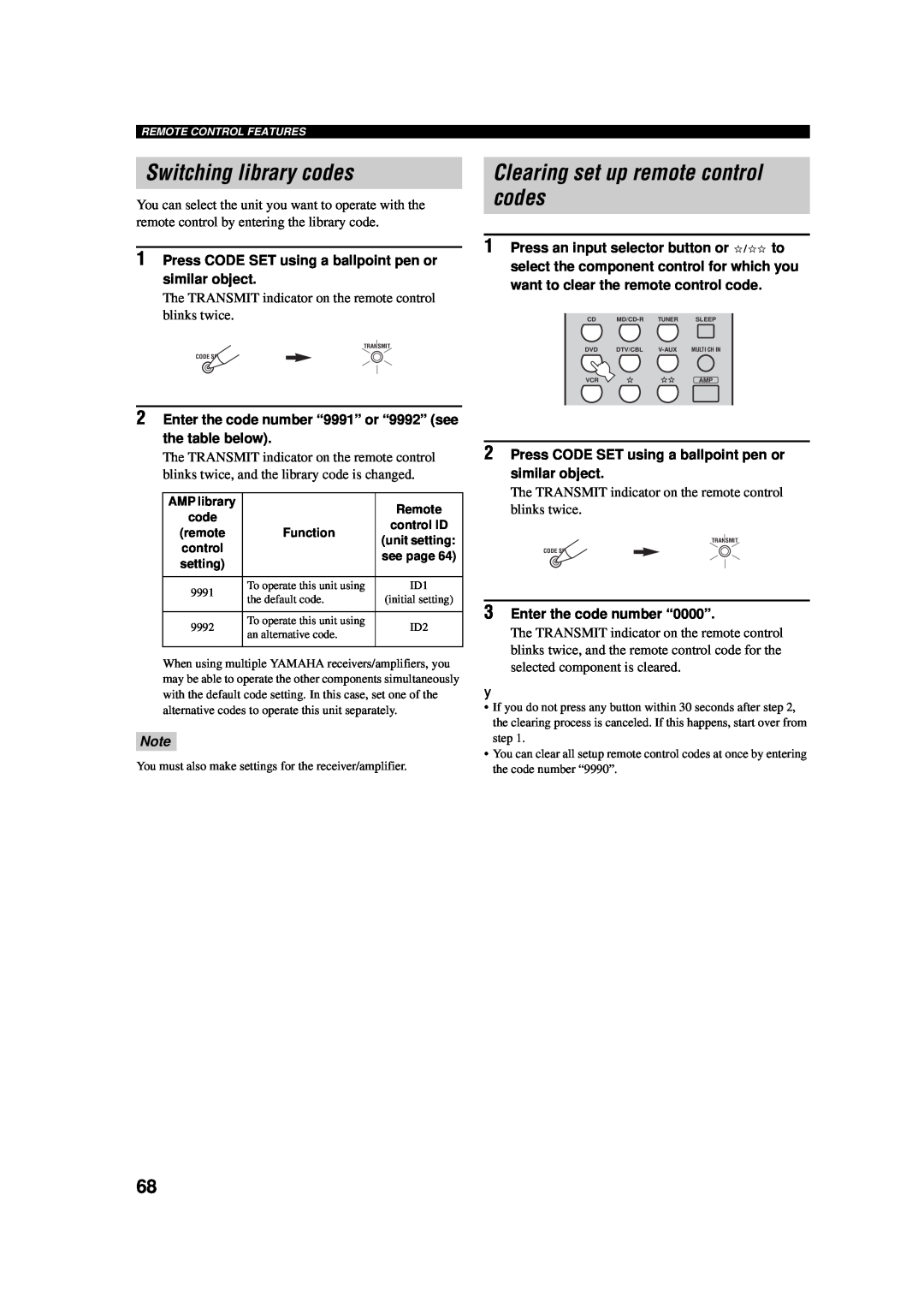 Yamaha AV Receiver Switching library codes, Clearing set up remote control codes, 3Enter the code number “0000” 