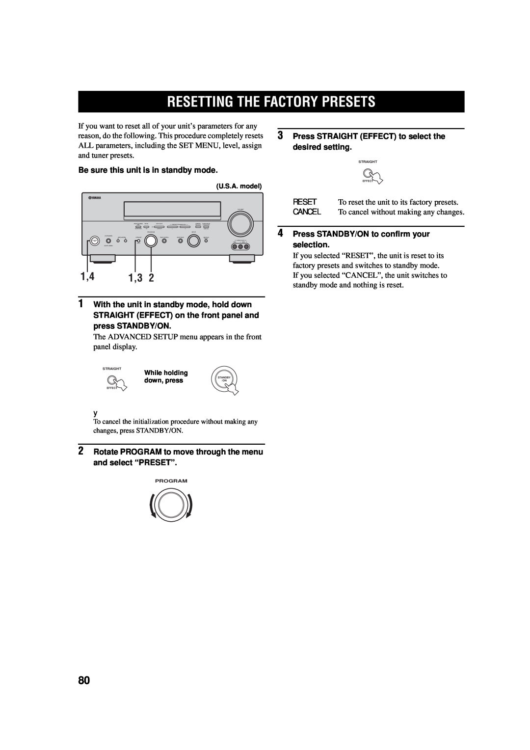 Yamaha AV Receiver owner manual Resetting The Factory Presets, Be sure this unit is in standby mode 