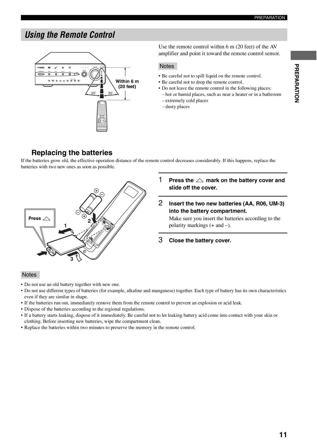 Yamaha AVX-S30 owner manual Using the Remote Control, Replacing the batteries, Polarity markings +, Close the battery cover 