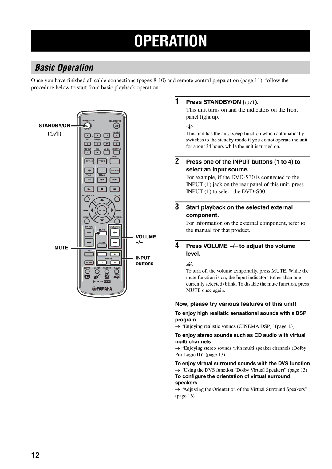 Yamaha AVX-S30 owner manual Basic Operation, Press STANDBY/ON, Start playback on the selected external component 