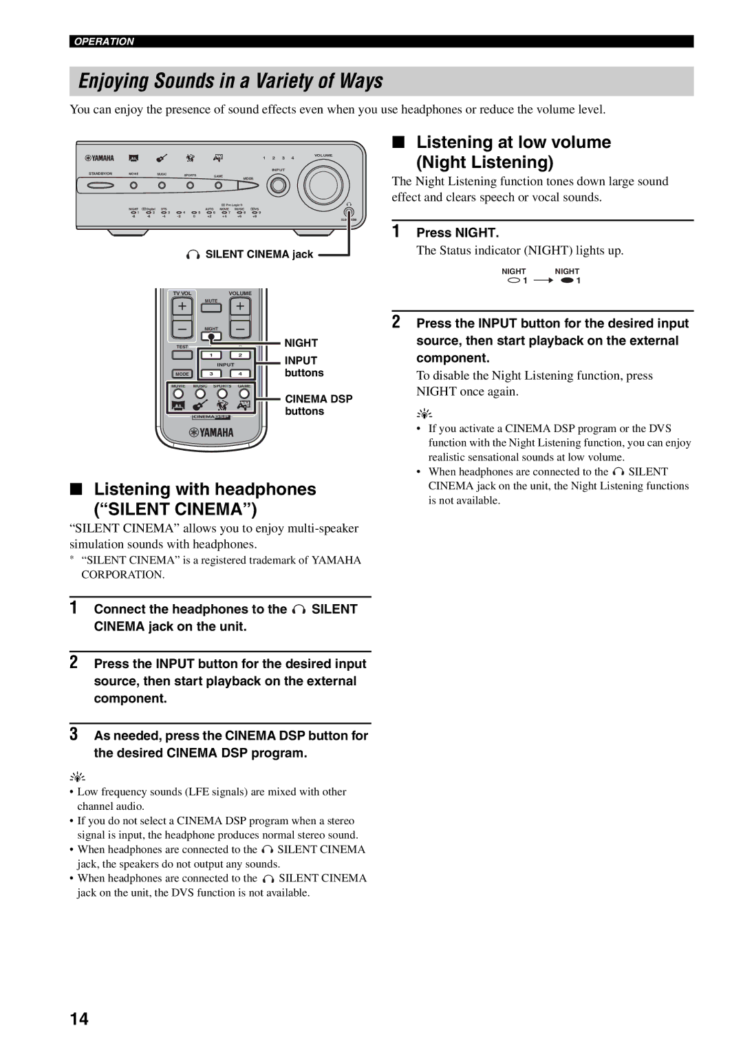 Yamaha AVX-S30 owner manual Enjoying Sounds in a Variety of Ways, Listening at low volume Night Listening 