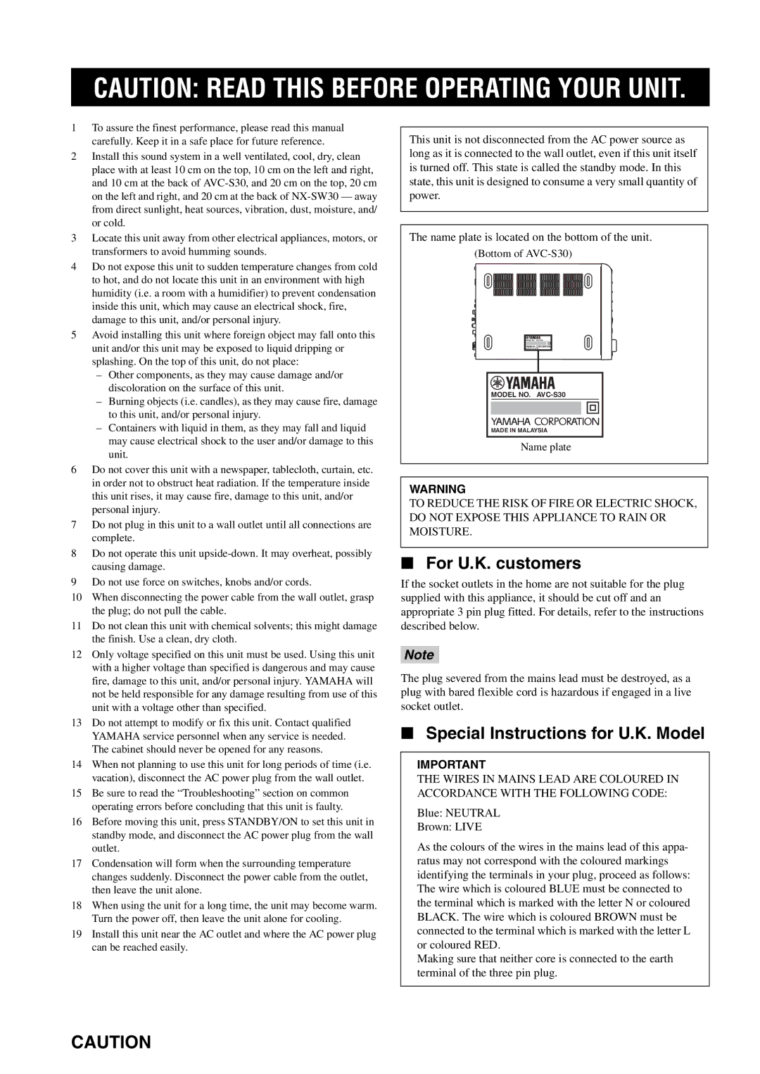 Yamaha AVX-S30 owner manual For U.K. customers 