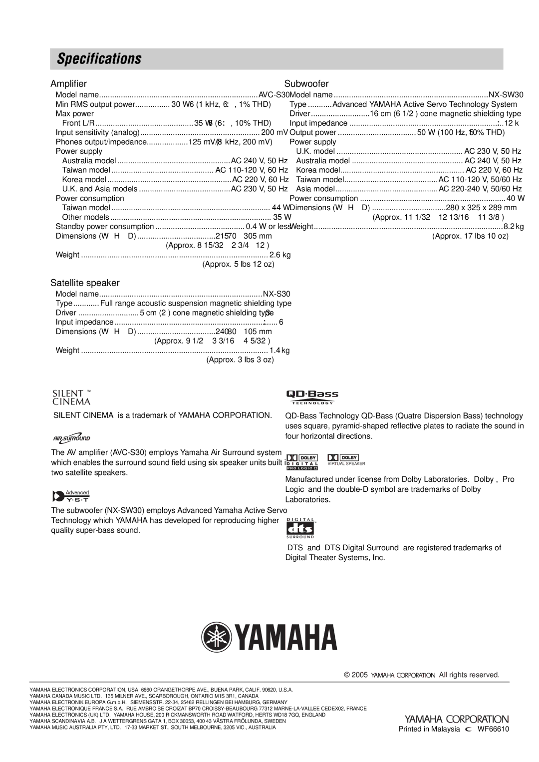 Yamaha AVX-S30 owner manual Specifications, Amplifier Subwoofer, Satellite speaker 