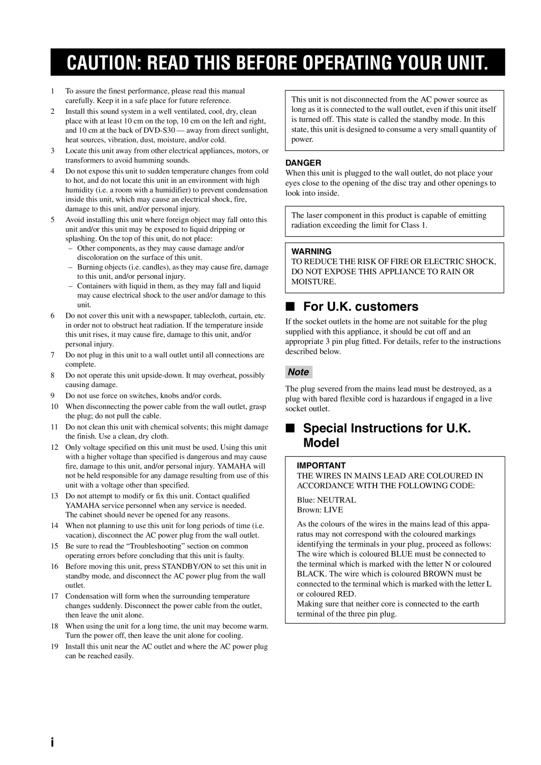 Yamaha AVX-S30 owner manual For U.K. customers, Special Instructions for U.K. Model 