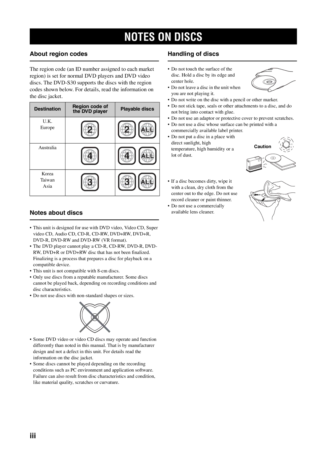 Yamaha AVX-S30 owner manual Iii, About region codes, Handling of discs 