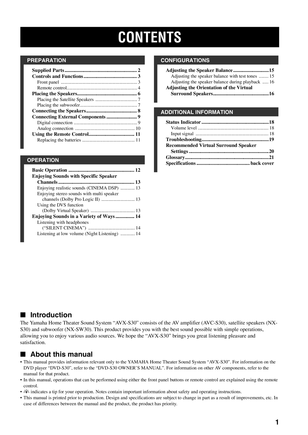 Yamaha AVX-S30 owner manual Contents 