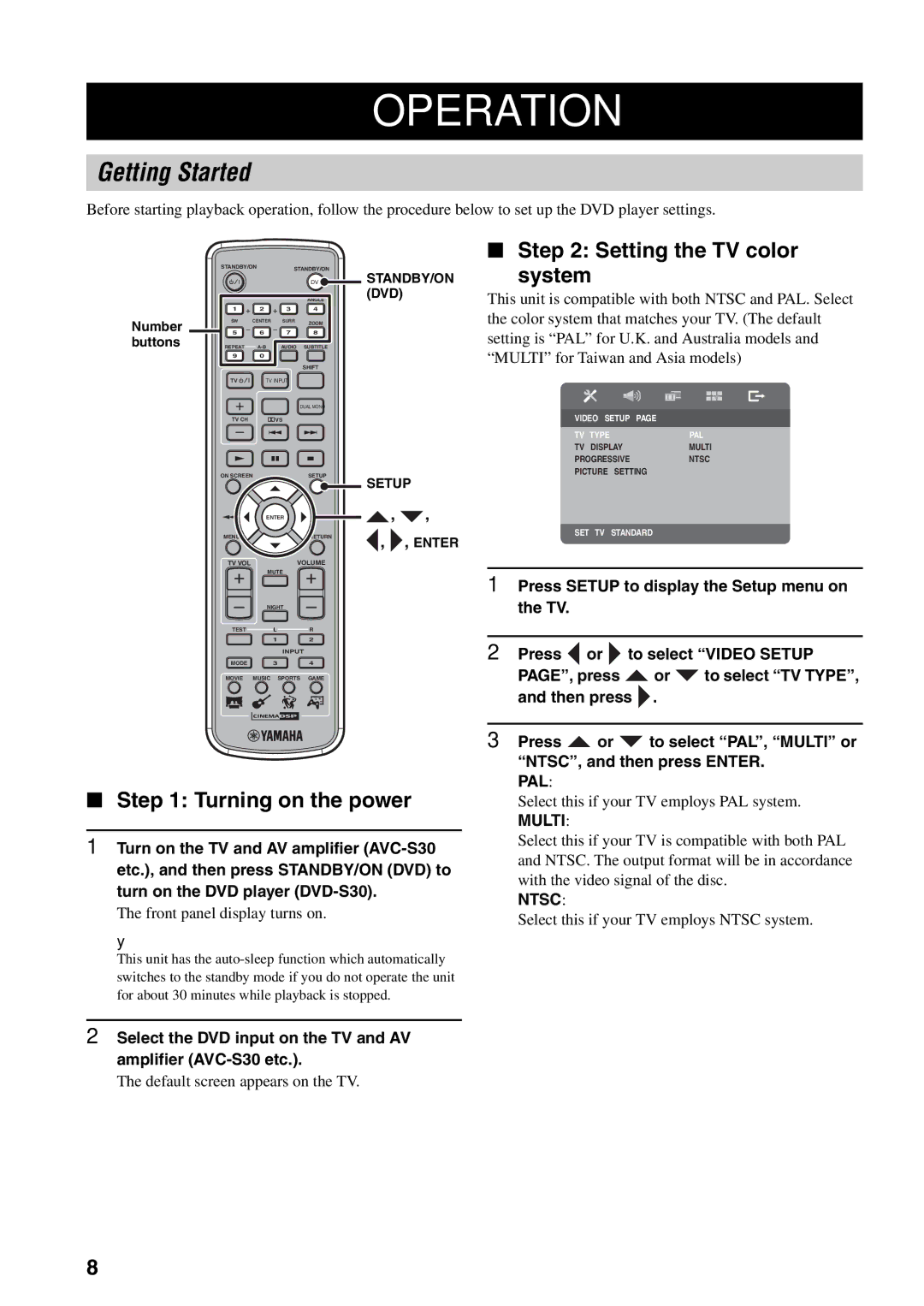 Yamaha AVX-S30 owner manual Getting Started, Setting the TV color System, Turning on the power 