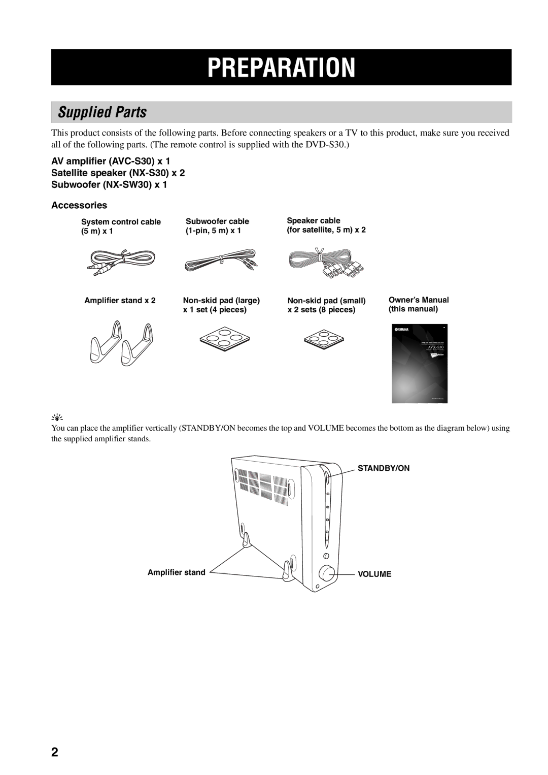 Yamaha AVX-S30 owner manual Preparation, Supplied Parts 