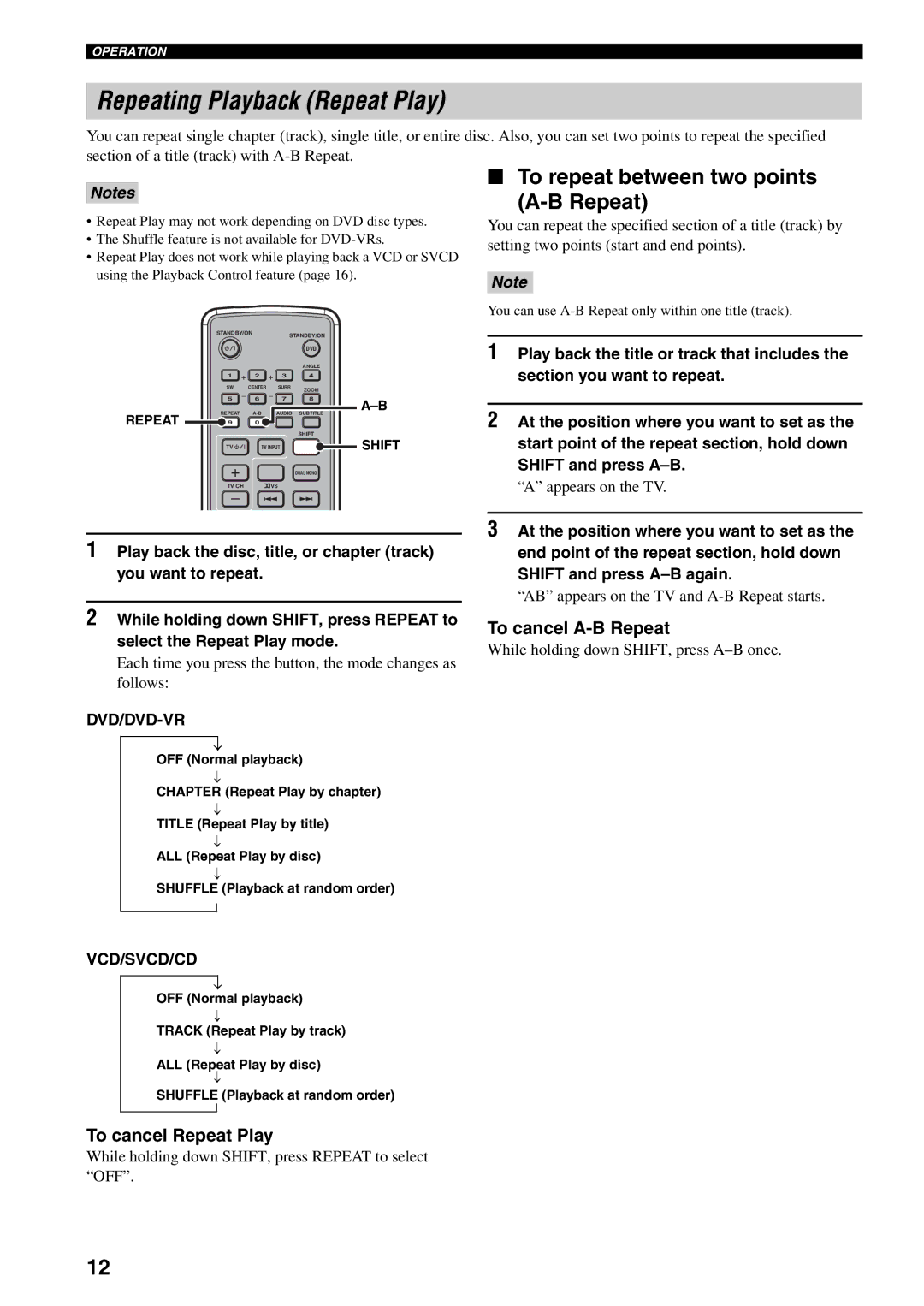 Yamaha AVX-S30 owner manual Repeating Playback Repeat Play, To repeat between two points Repeat, To cancel A-B Repeat 