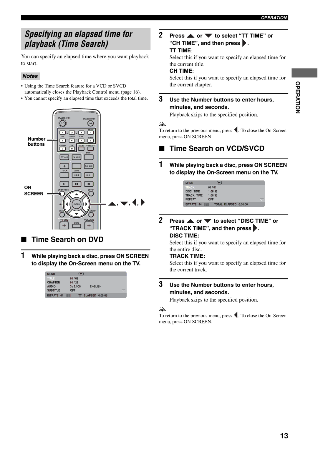 Yamaha AVX-S30 owner manual Time Search on DVD, Time Search on VCD/SVCD 