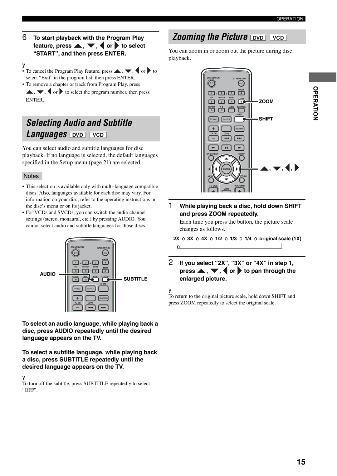 Yamaha AVX-S30 owner manual Languages DVD, You can zoom in or zoom out the picture during disc playback 