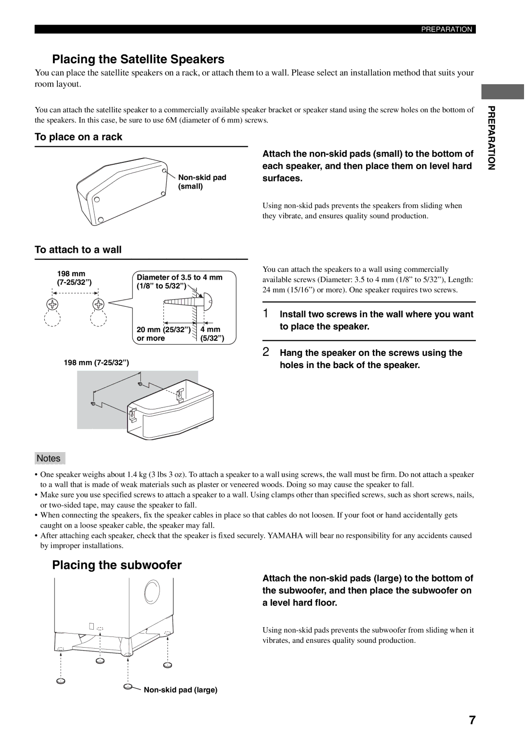 Yamaha AVX-S30 owner manual Placing the Satellite Speakers, Placing the subwoofer, To place on a rack, To attach to a wall 