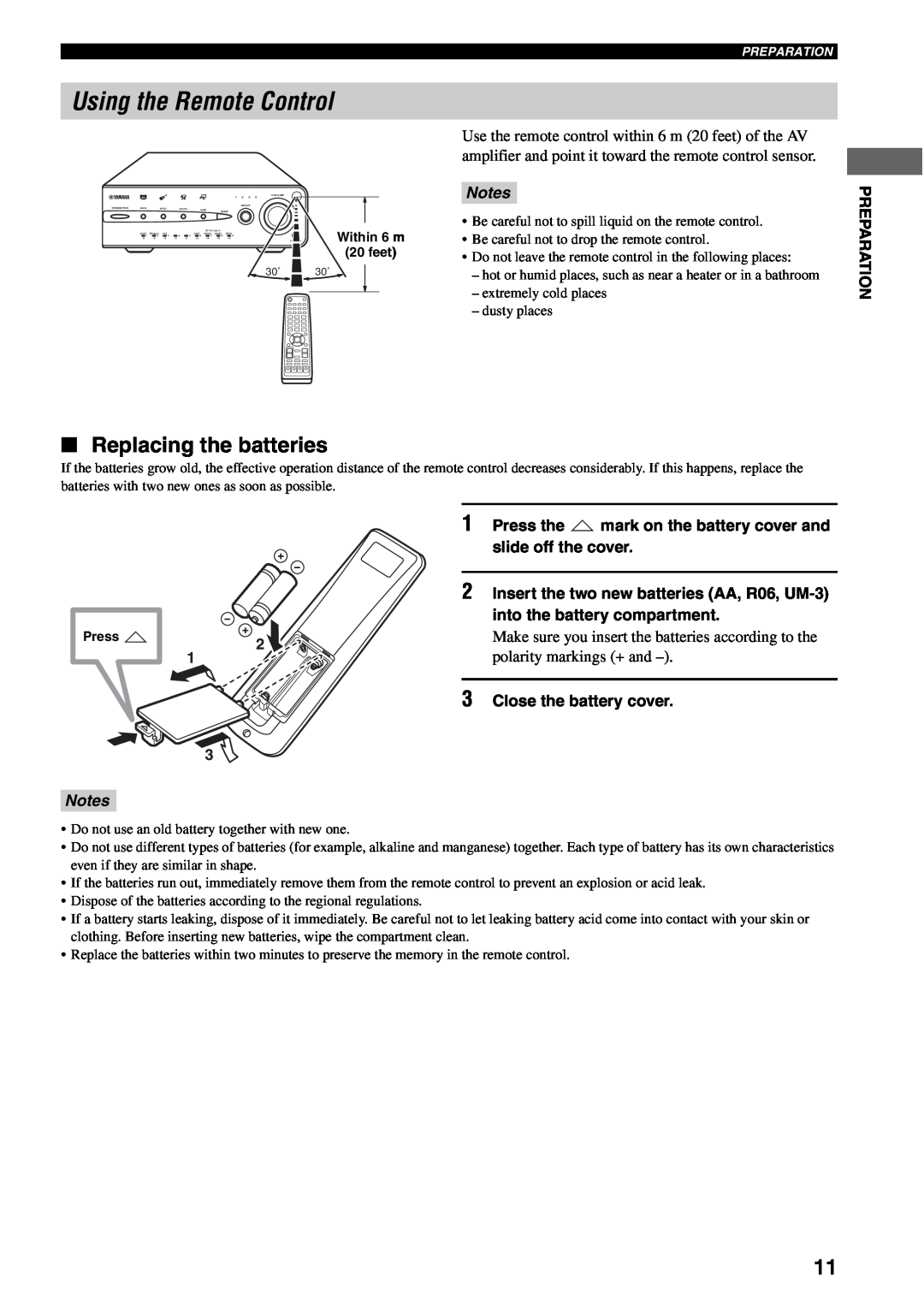 Yamaha AVX-S30 owner manual Using the Remote Control, Replacing the batteries, Notes 