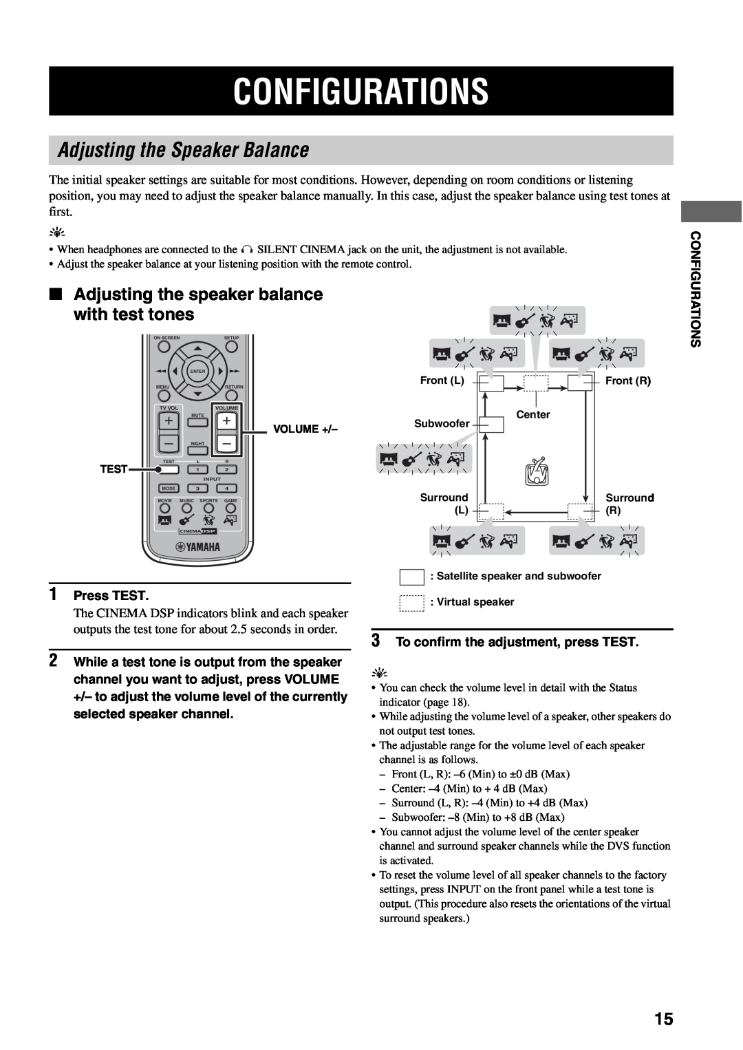 Yamaha AVX-S30 owner manual Configurations, Adjusting the Speaker Balance, Adjusting the speaker balance with test tones 