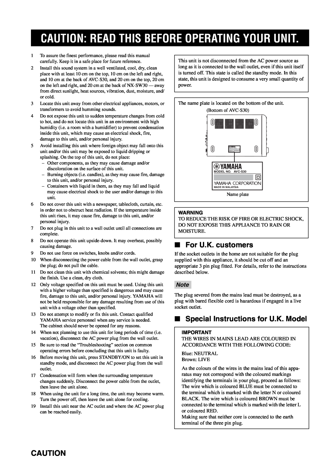 Yamaha AVX-S30 Caution: Read This Before Operating Your Unit, For U.K. customers, Special Instructions for U.K. Model 