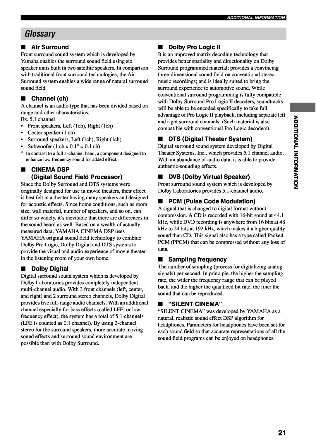 Yamaha AVX-S30 owner manual Glossary 