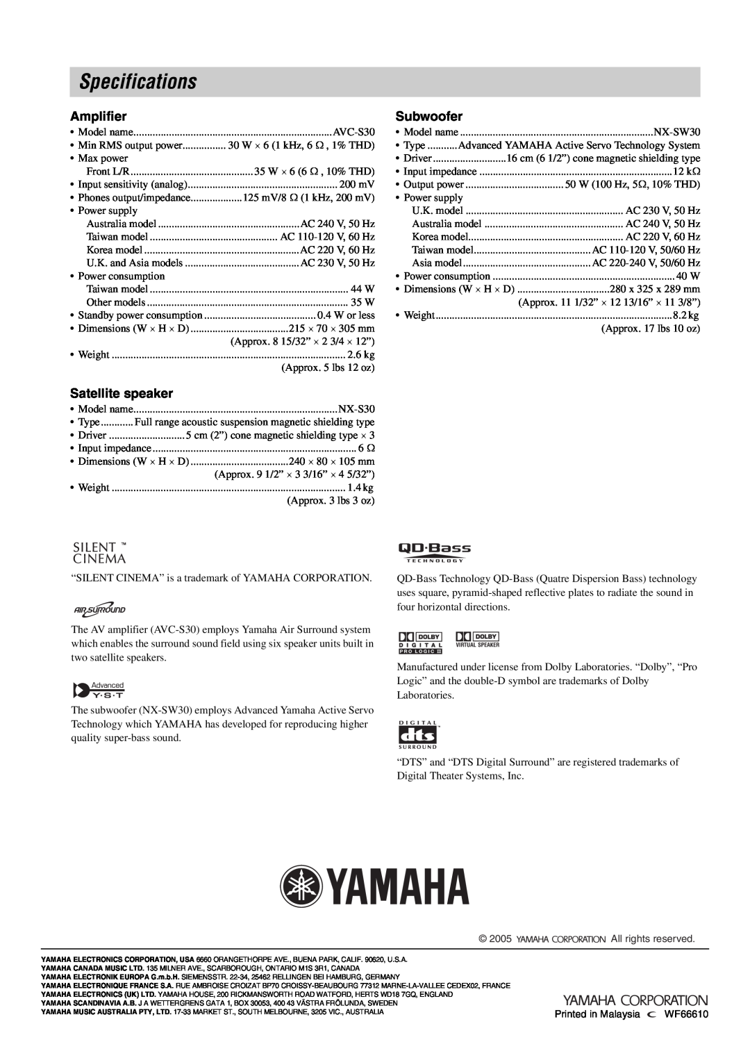 Yamaha AVX-S30 owner manual Specifications, Amplifier, Subwoofer, Satellite speaker 
