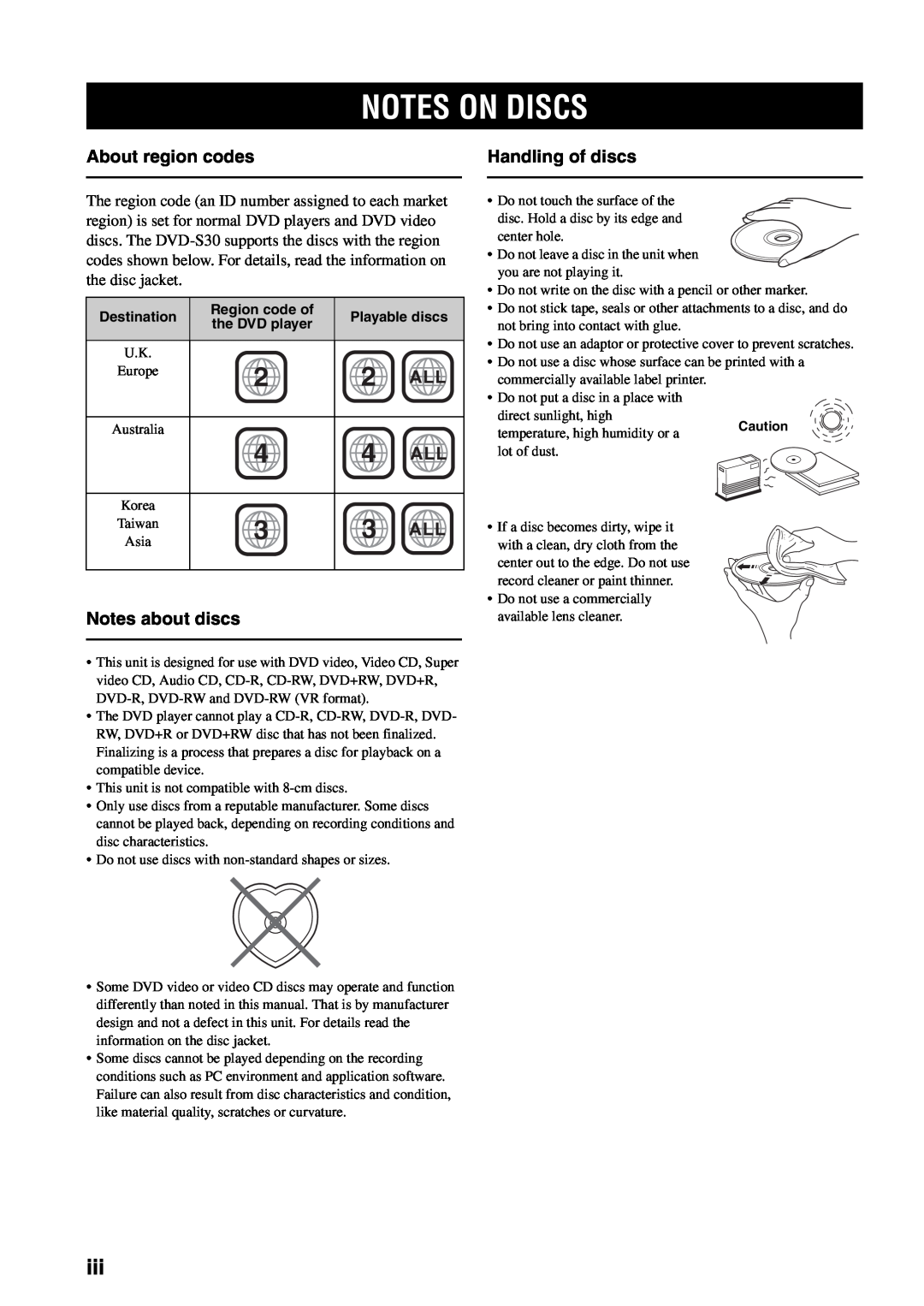 Yamaha AVX-S30 owner manual Notes On Discs, About region codes, Notes about discs, Handling of discs 