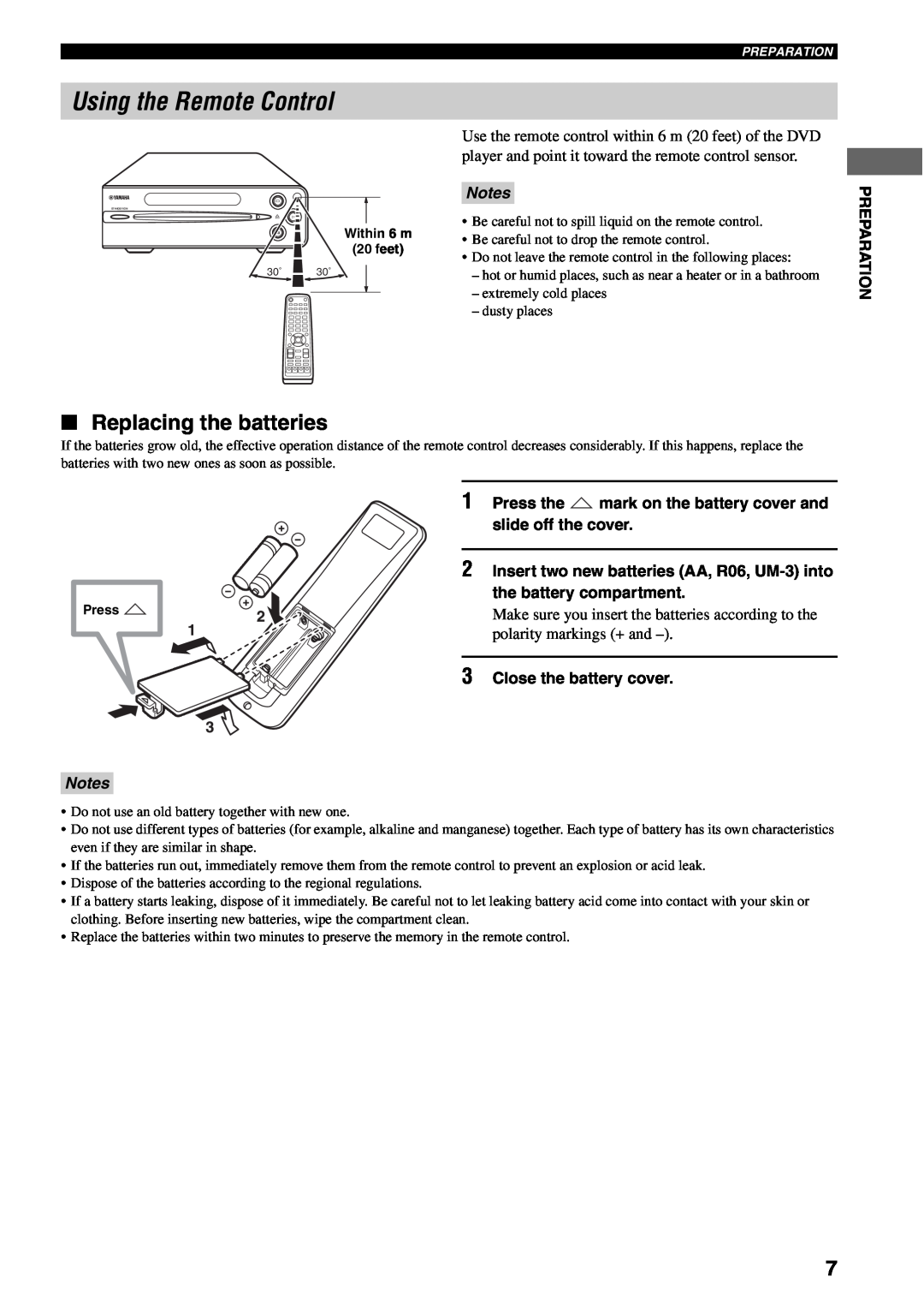 Yamaha AVX-S30 owner manual Using the Remote Control, Replacing the batteries, Notes, 3Close the battery cover 