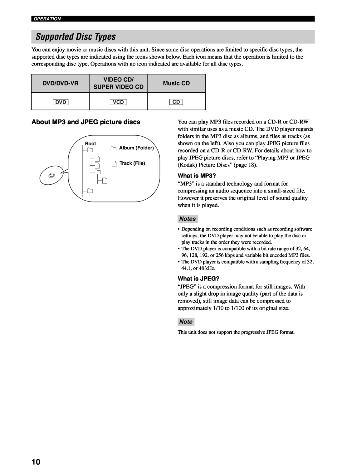 Yamaha AVX-S30 owner manual Supported Disc Types, About MP3 and JPEG picture discs, Notes 