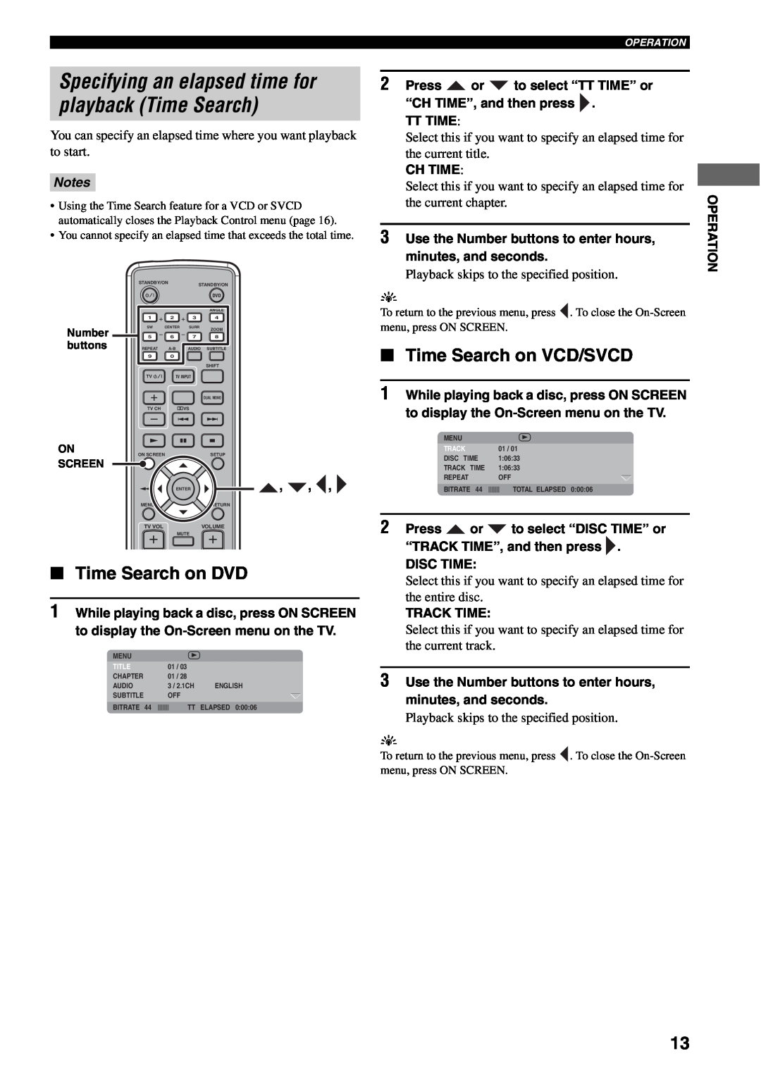 Yamaha AVX-S30 owner manual Time Search on DVD, Time Search on VCD/SVCD, Notes 