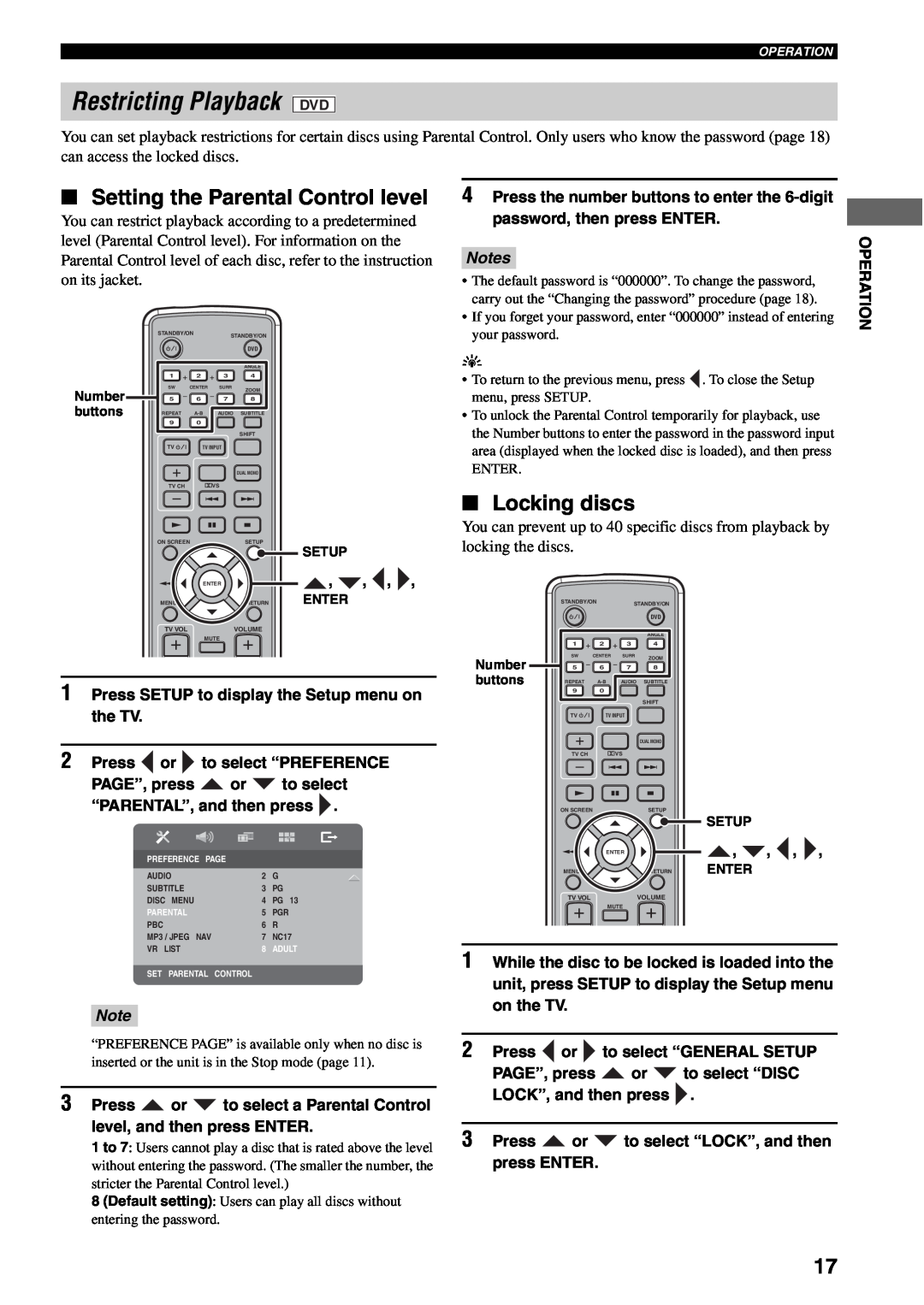 Yamaha AVX-S30 owner manual Restricting Playback DVD, Setting the Parental Control level, Locking discs, Notes 