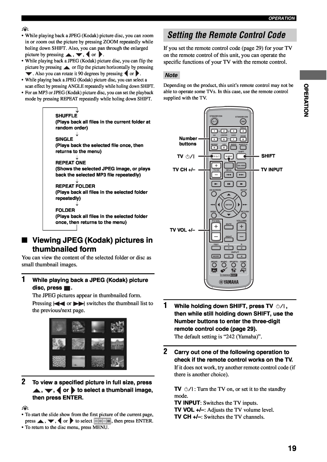 Yamaha AVX-S30 owner manual Setting the Remote Control Code, Viewing JPEG Kodak pictures in thumbnailed form 