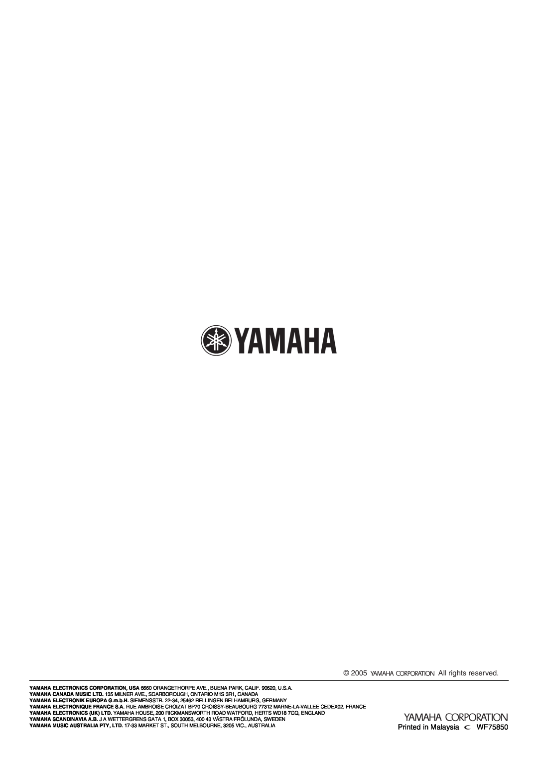 Yamaha AVX-S30 owner manual All rights reserved, Printed in Malaysia, WF75850 