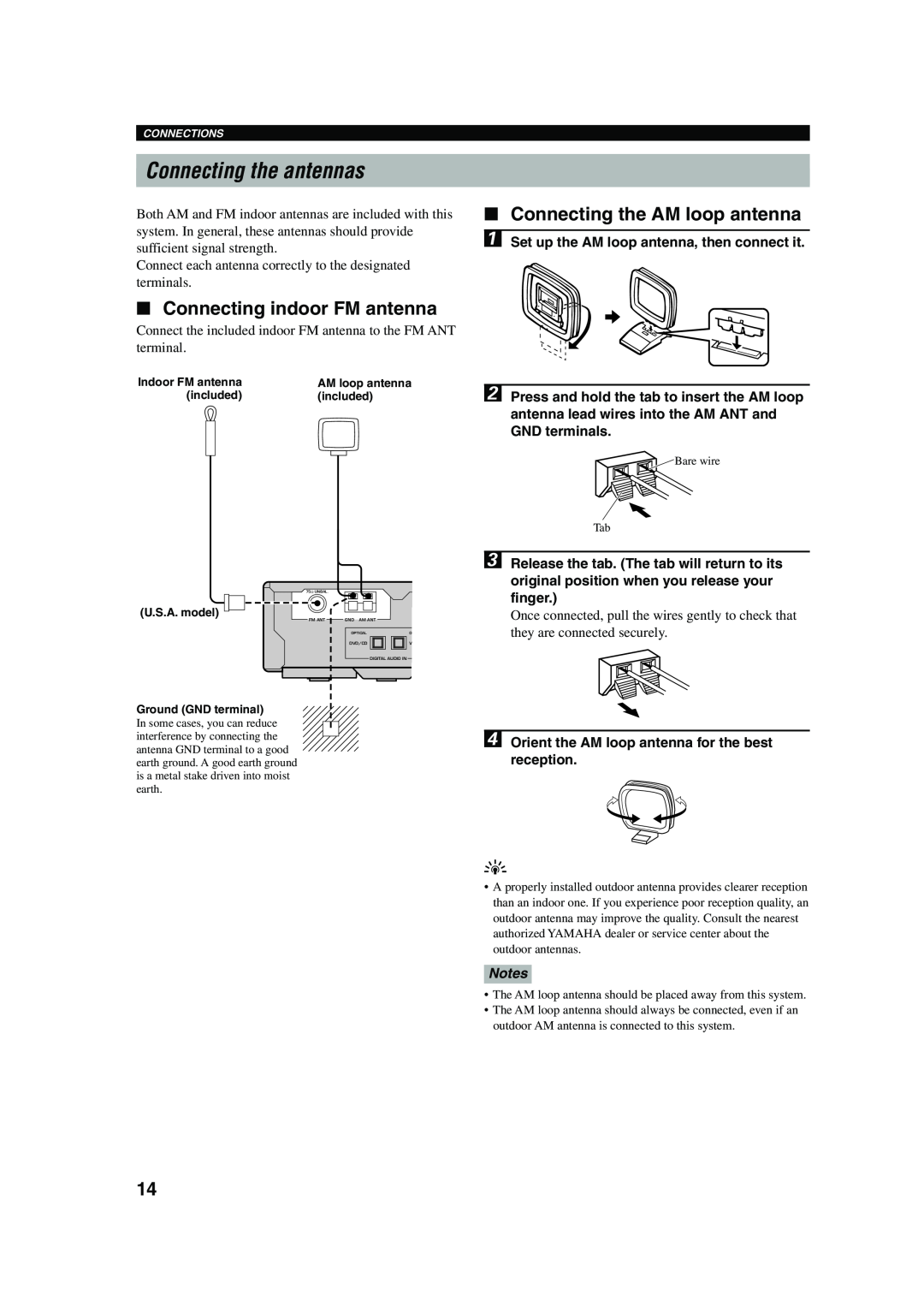 Yamaha AVX-S80 owner manual Connecting the antennas, Connecting indoor FM antenna, Connecting the AM loop antenna, Notes 