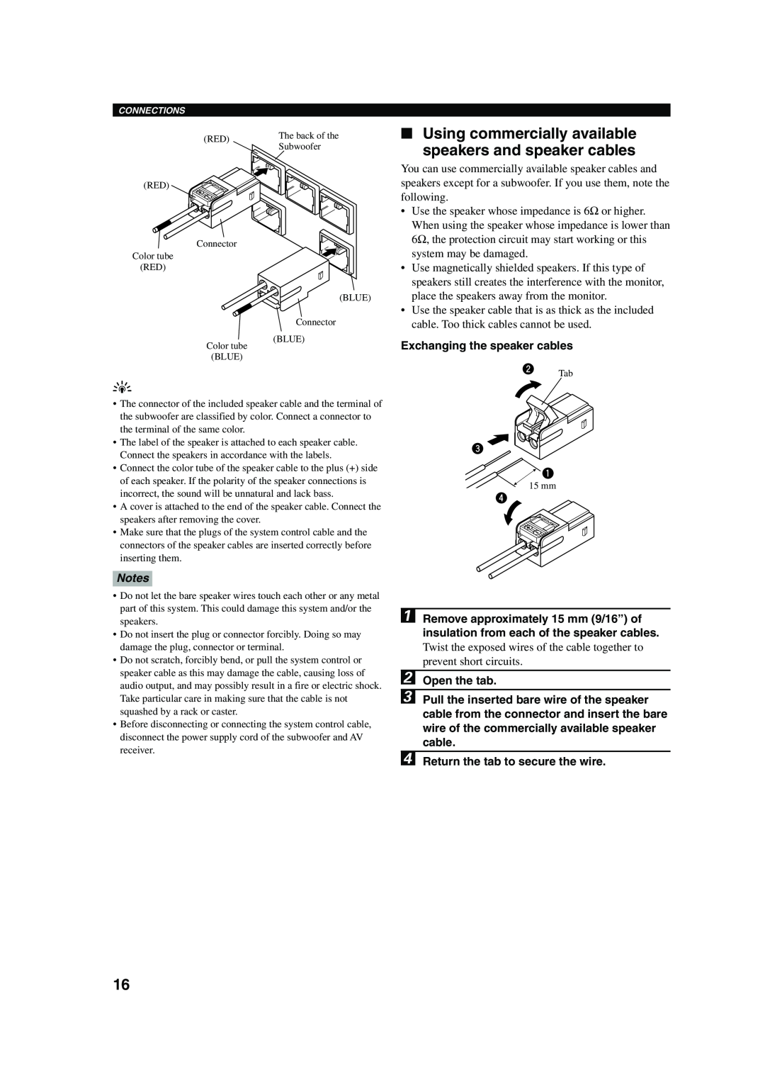 Yamaha AVX-S80 owner manual Notes, Exchanging the speaker cables, Open the tab, Return the tab to secure the wire 