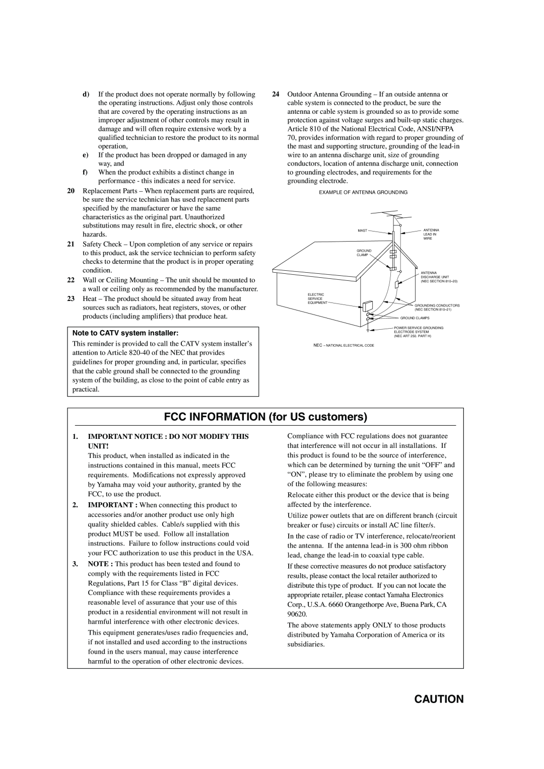 Yamaha HOMETHEATER SOUND SYSTEM, AVX-S80 owner manual FCC INFORMATION for US customers, Note to CATV system installer 