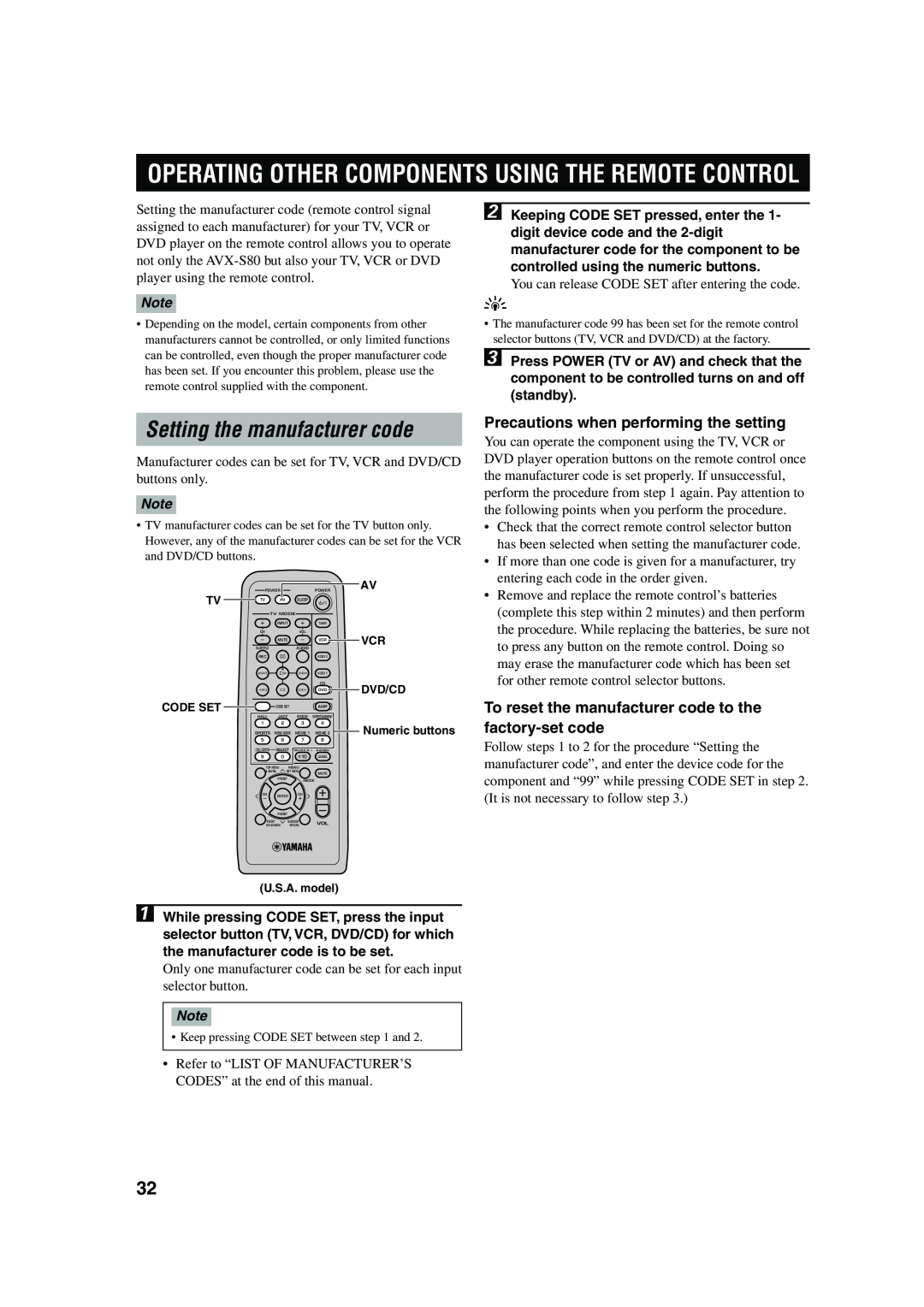 Yamaha AVX-S80, HOMETHEATER SOUND SYSTEM owner manual Setting the manufacturer code, Precautions when performing the setting 