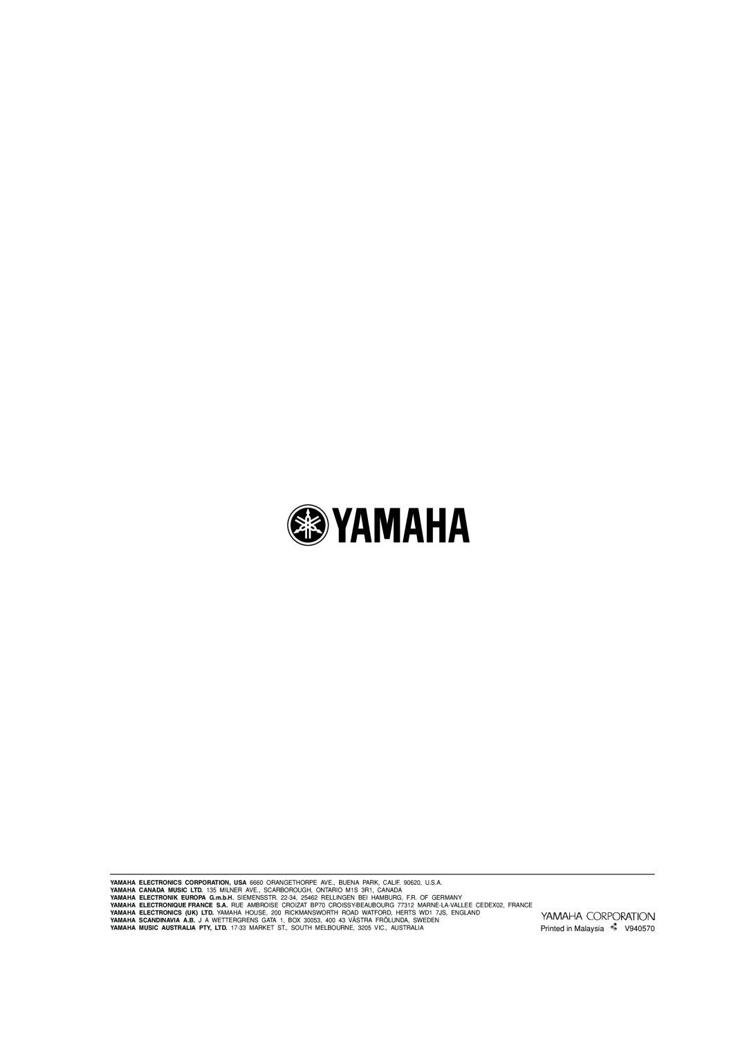 Yamaha AVX-S80, HOMETHEATER SOUND SYSTEM owner manual Printed in Malaysia, V940570 