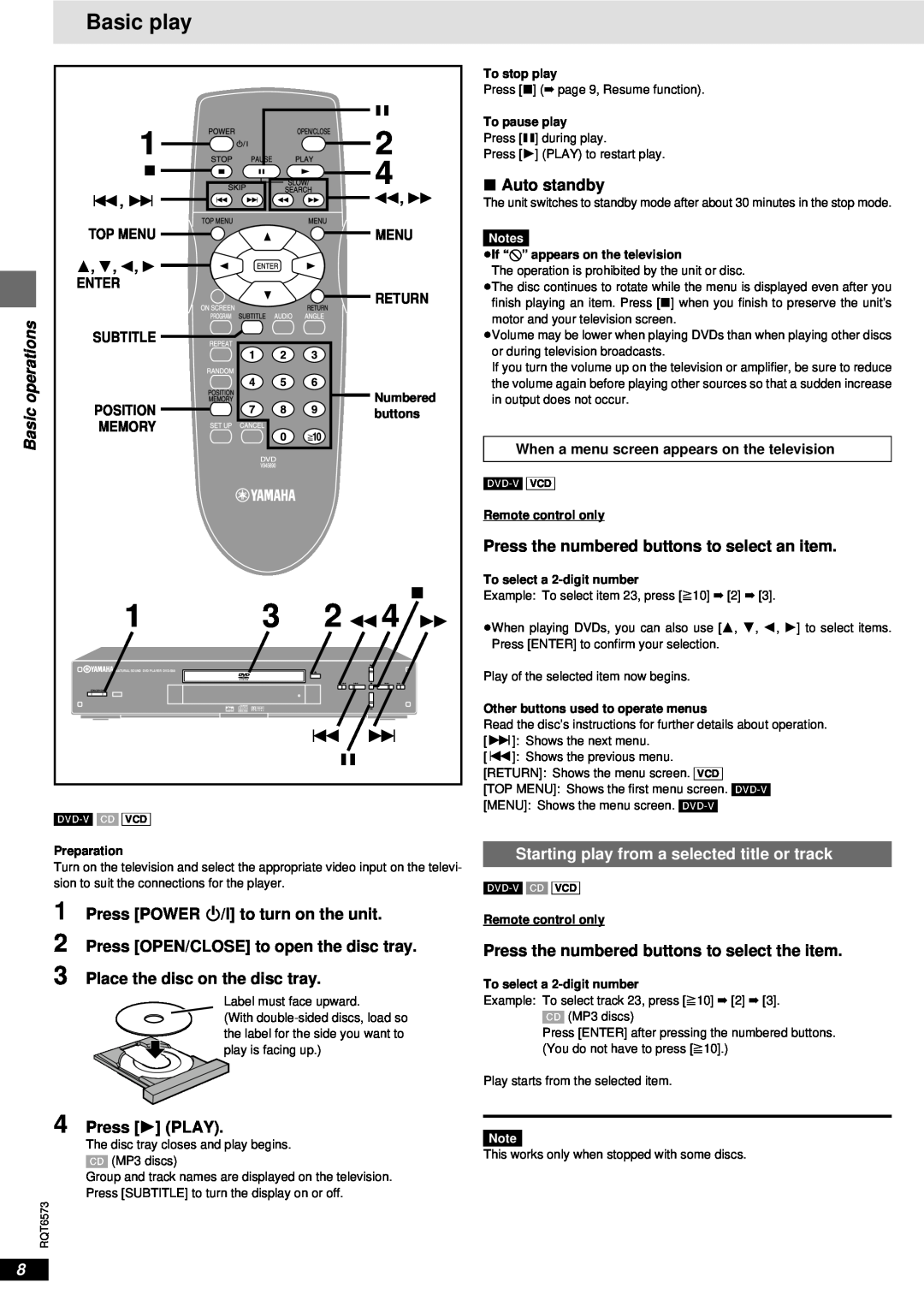 Yamaha HOMETHEATER SOUND SYSTEM Basic play, operations, Press POWER Í/I to turn on the unit, ∫Auto standby, Press 1 PLAY 