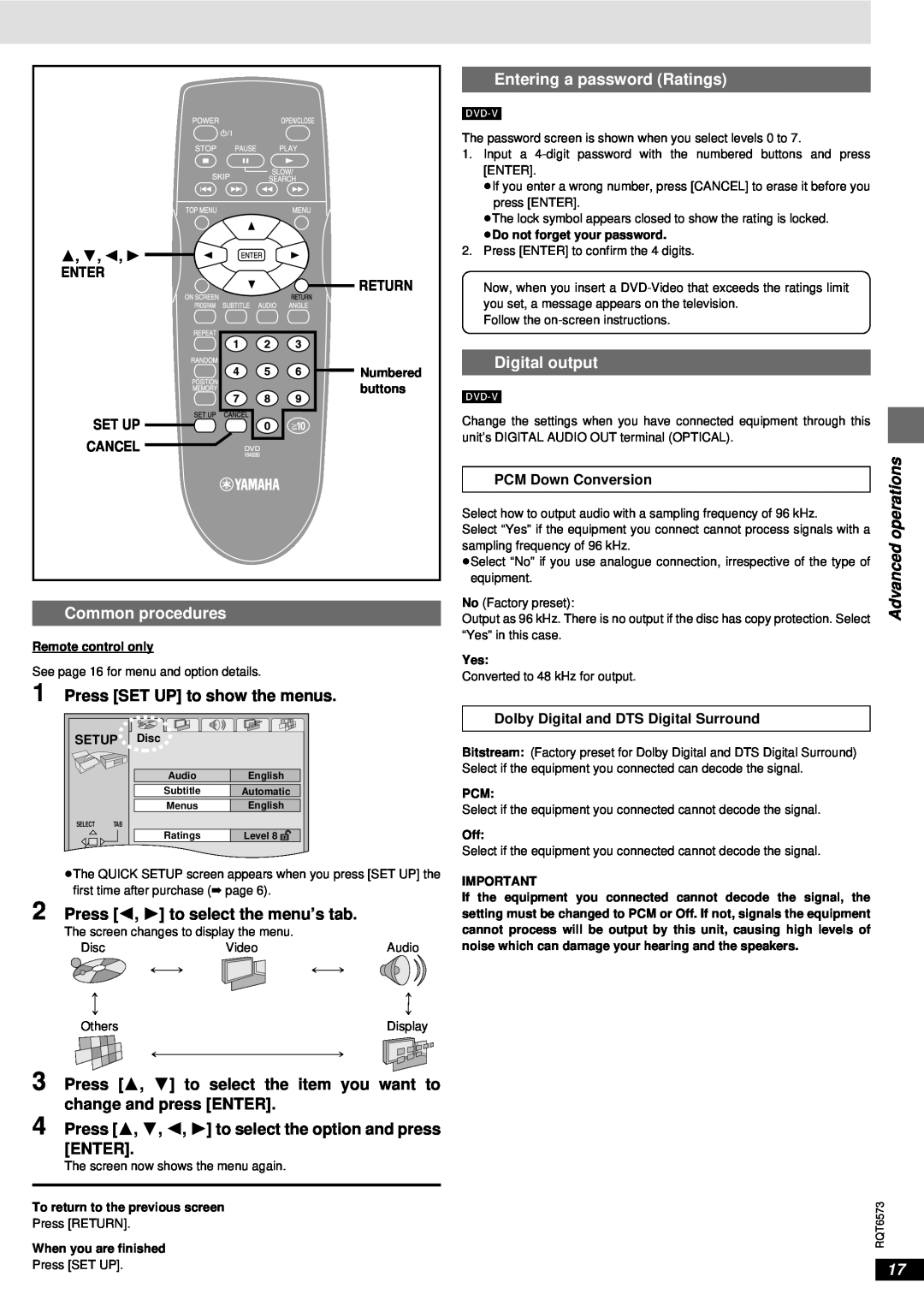 Yamaha AVX-S80 Common procedures, Press SET UP to show the menus, Press 2, 1 to select the menu’s tab, Digital output 