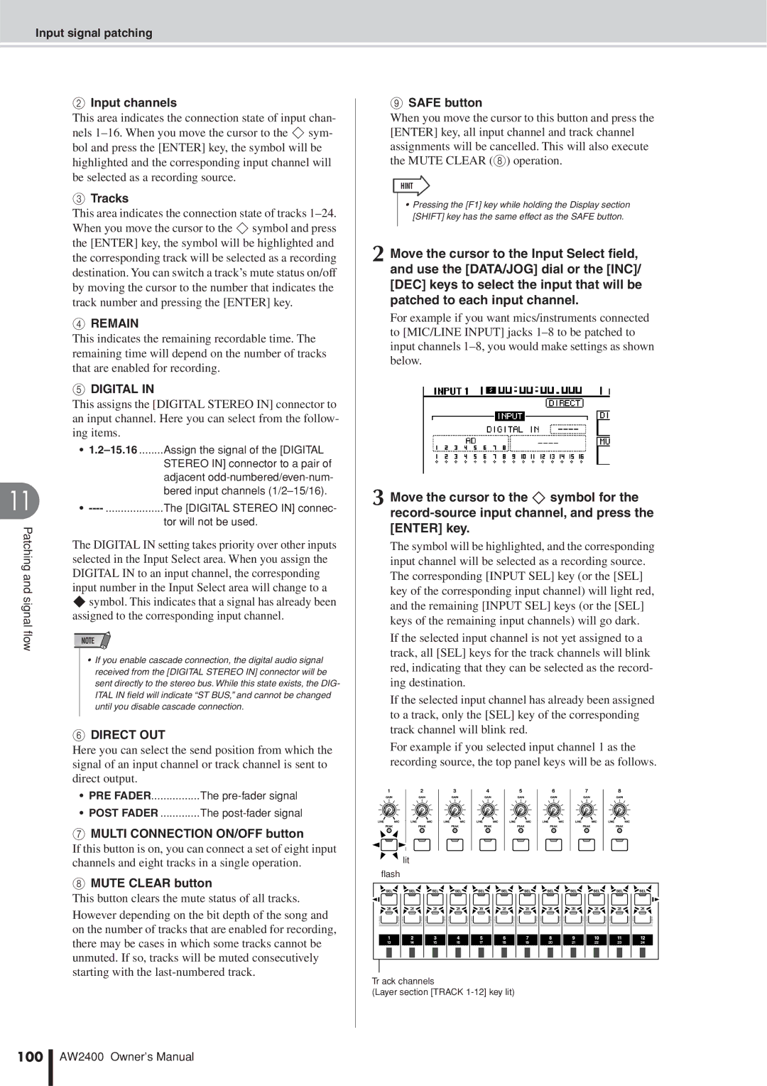 Yamaha AW2400 owner manual Remain, Direct OUT, Multi Connection ON/OFF button, 100, Input signal patching 