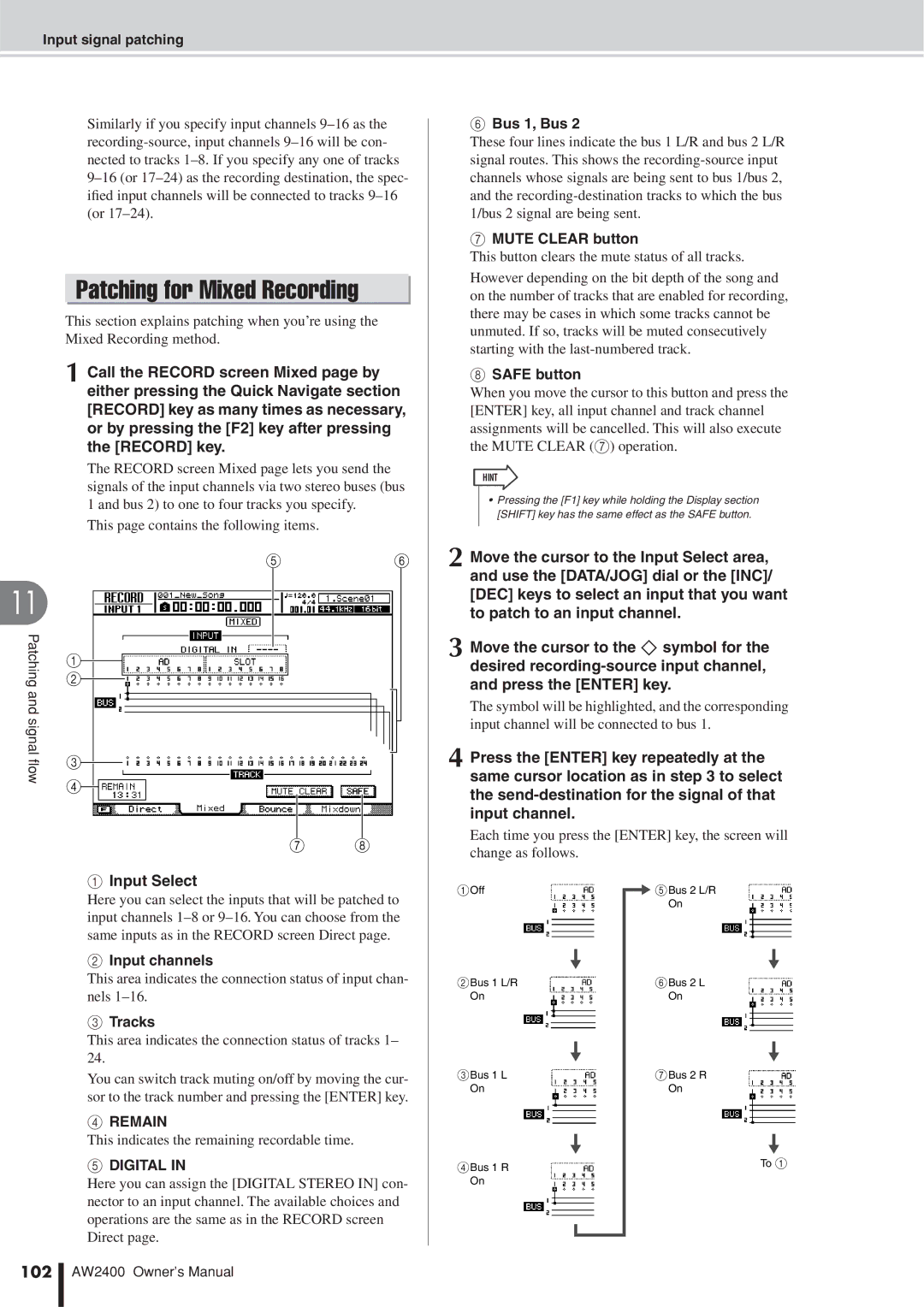 Yamaha AW2400 owner manual Patching for Mixed Recording, This area indicates the connection status of tracks 1, 102 