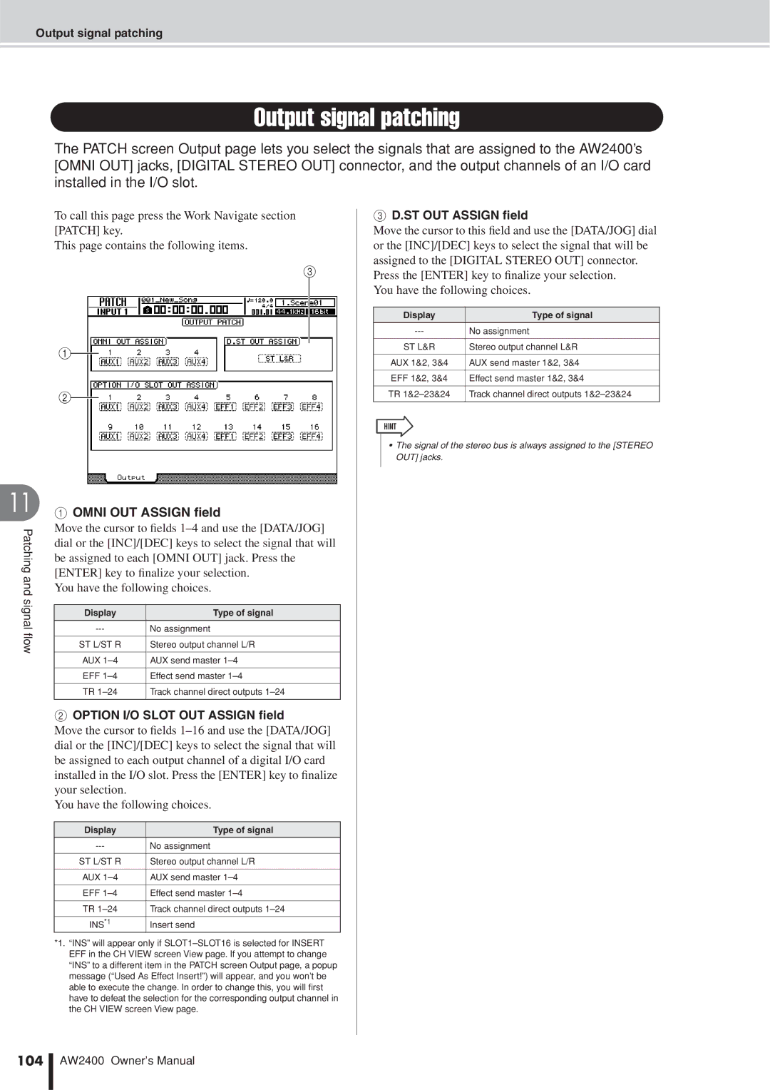 Yamaha AW2400 Output signal patching, Omni OUT Assign ﬁeld, Option I/O Slot OUT Assign ﬁeld, ST OUT Assign ﬁeld, 104 